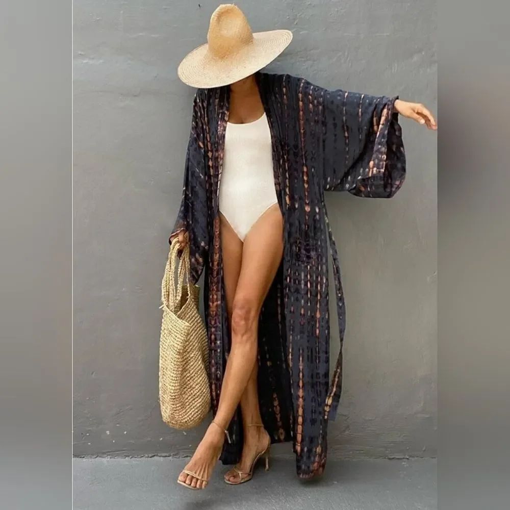 🩵NWT Navy Tie Dye Maxi Caftan Kimono Coverup One Size